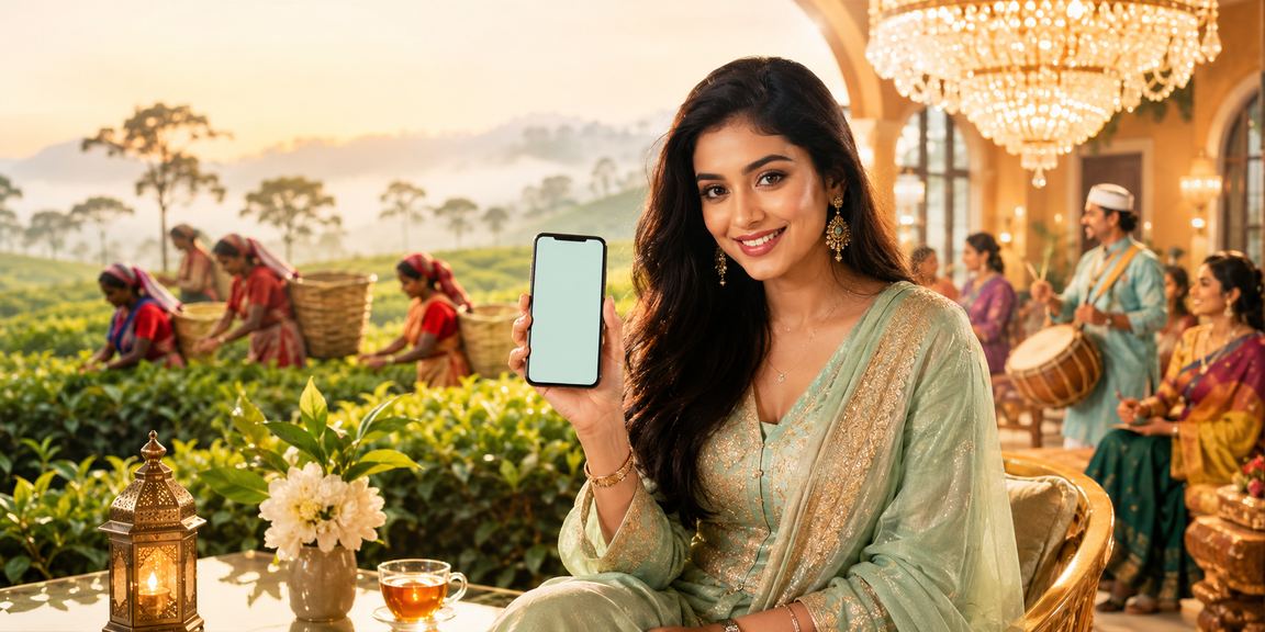 সিলেটের চা বাগানের পটভূমিতে মোবাইলে ডিপোজিট ও প্রোমোশন দাবির দৃশ্য